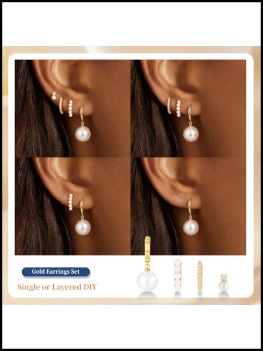 14K Plated Pearl Earring Stack Set - Hypoallergenic Lightweight for Women